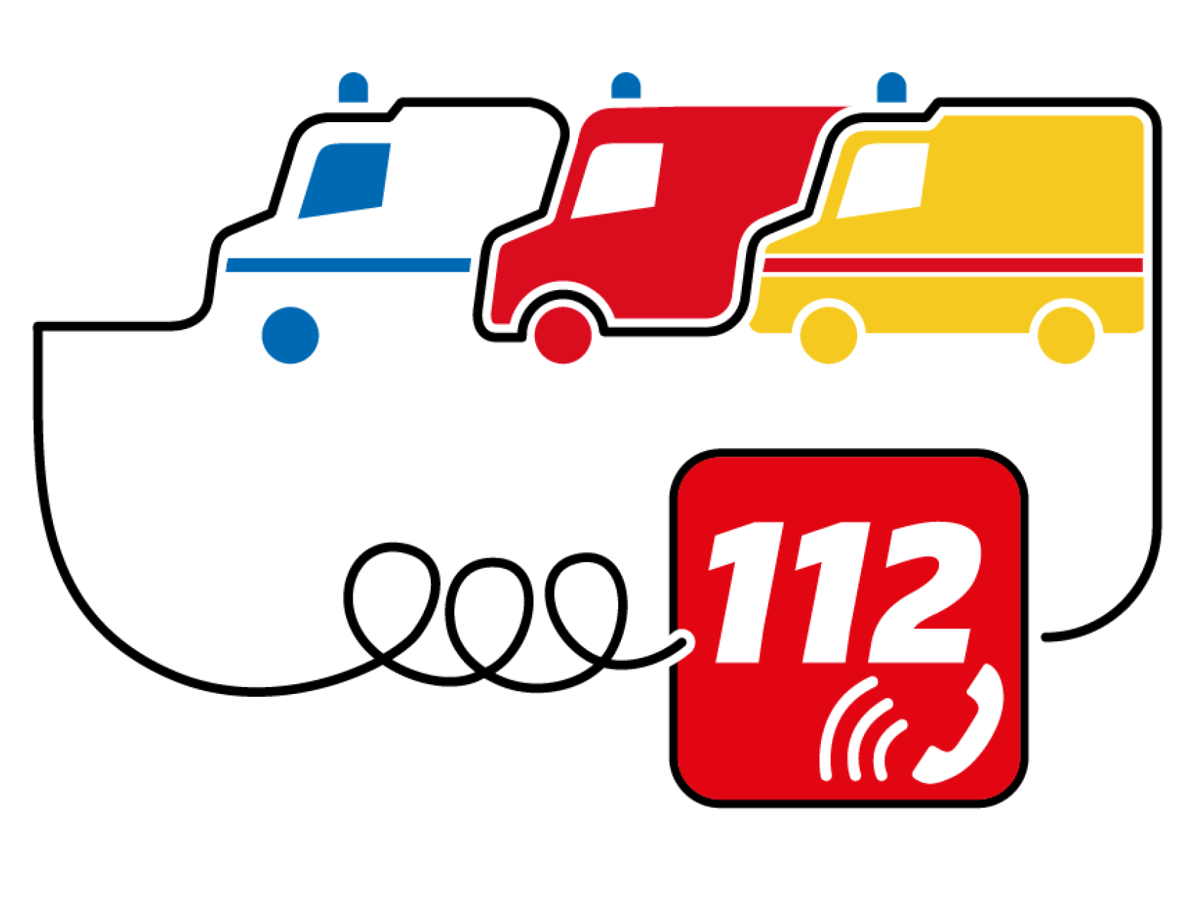 Logo van het Europese noodnummer 112 met drie hulpvoertuigen en een telefoonhoorn