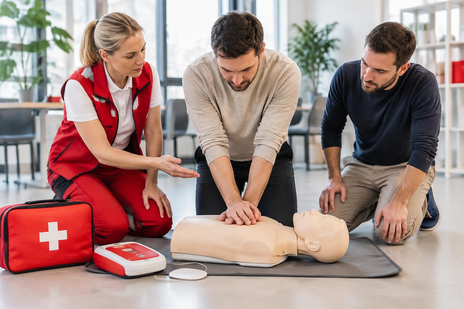 Illustratieve EHBO-training met reanimatiepop, EHBO-koffer en AED