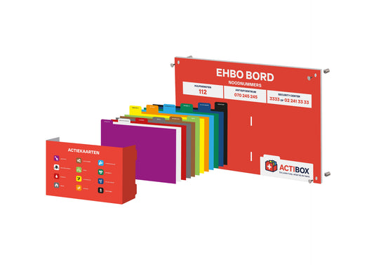 Uiteengezette view van de ACTIBOX Bbasic, met EHBO actiekaarten.
